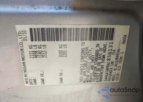 2010 Nissan Maxima 3.5 S z USA, uszkodzony, nr VIN 1N4AA5AP8AC856131